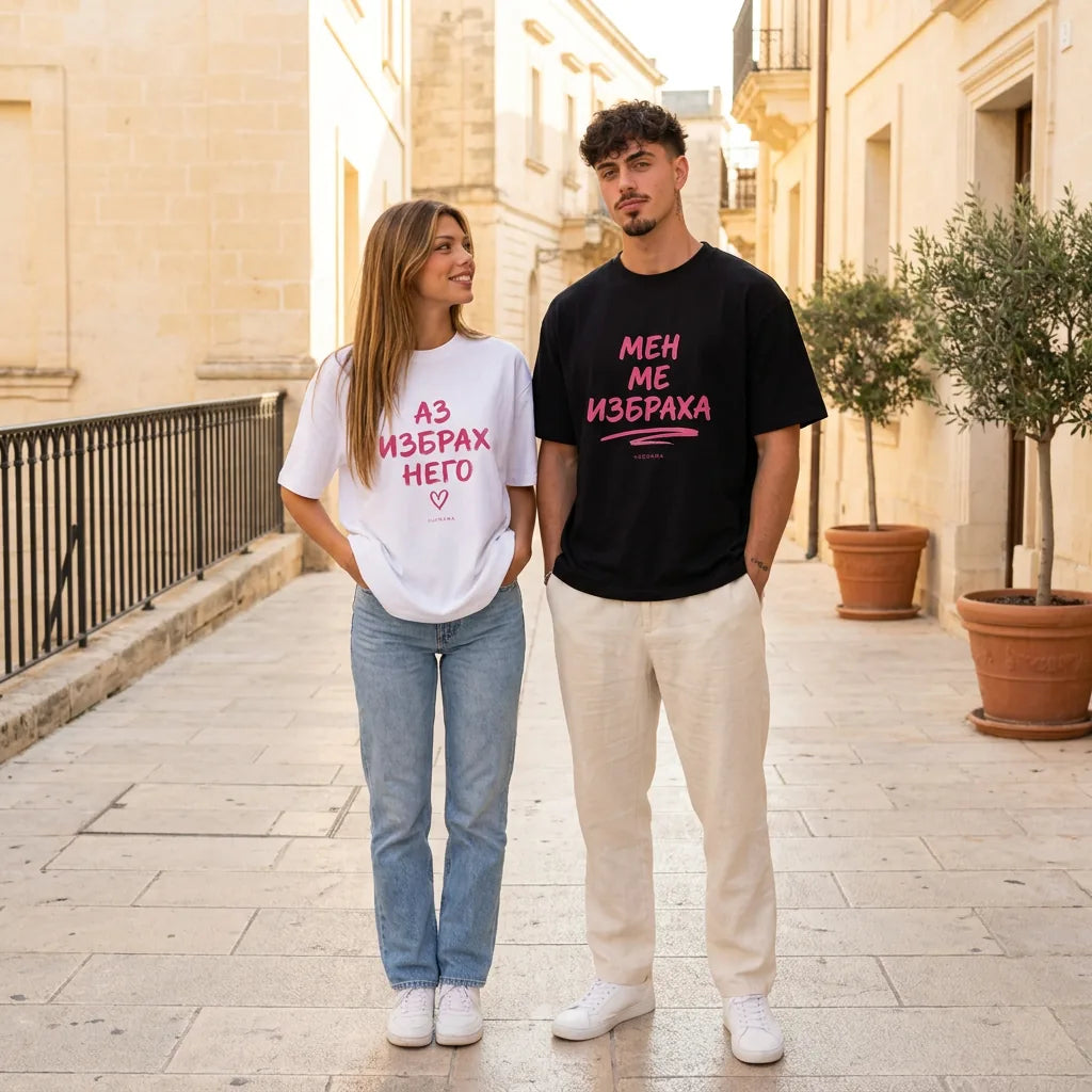 Двойка с бяла и черна oversized тениска Аз избрах него и Мен ме избраха noDRAMA