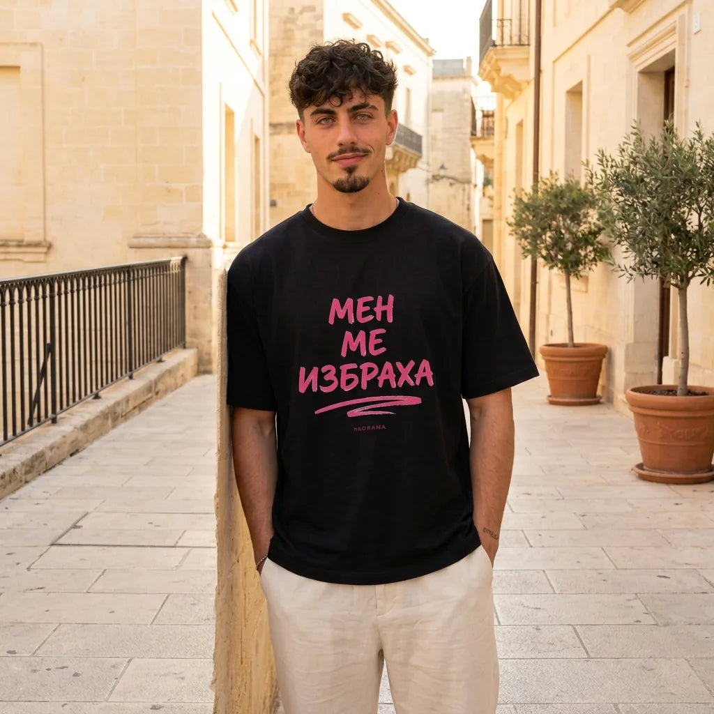 Мъж с черна oversized тениска Мен ме избраха noDRAMA