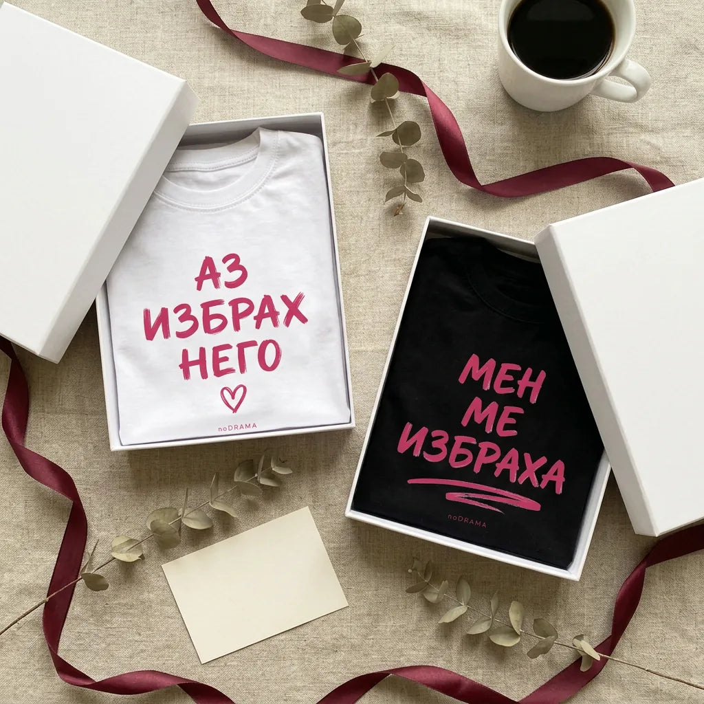 Подаръчни кутии noDRAMA с тениски Аз избрах него и Мен ме избраха, панделка и кафе
