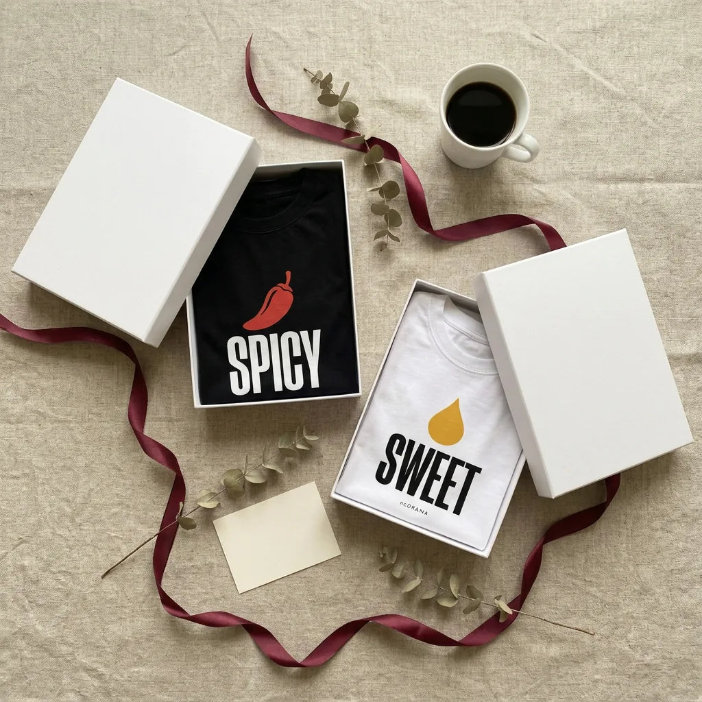 Подаръчни кутии noDRAMA с тениски Spicy и Sweet, панделка, евкалипт и кафе