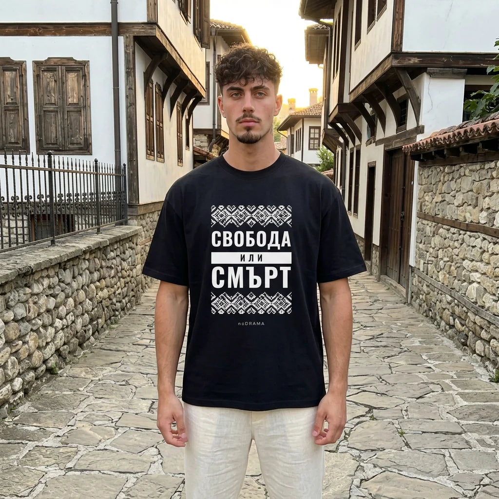 Мъж с черна oversized тениска Свобода или смърт на възрожденска улица noDRAMA