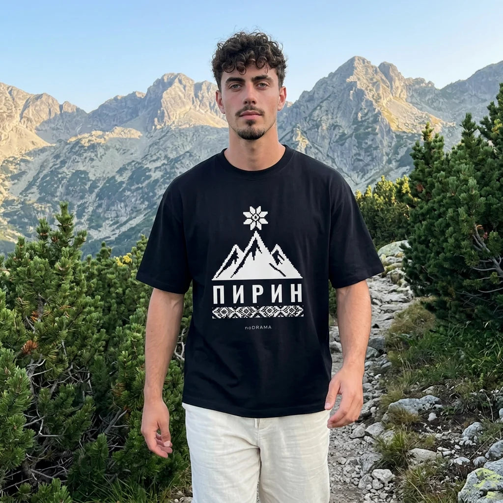 Мъж с черна oversized тениска Пирин по планинска пътека noDRAMA