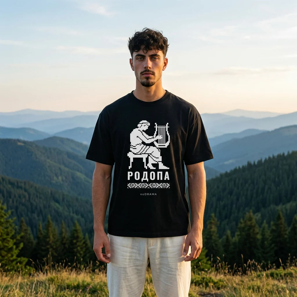 Мъж с черна oversized тениска Родопа на родопско било noDRAMA