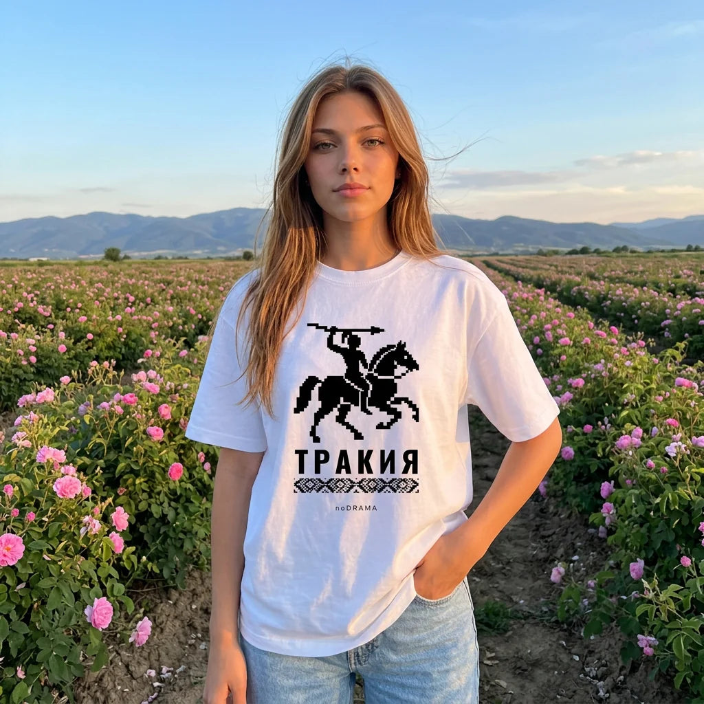 Жена с бяла oversized тениска Тракия в Розовата долина noDRAMA