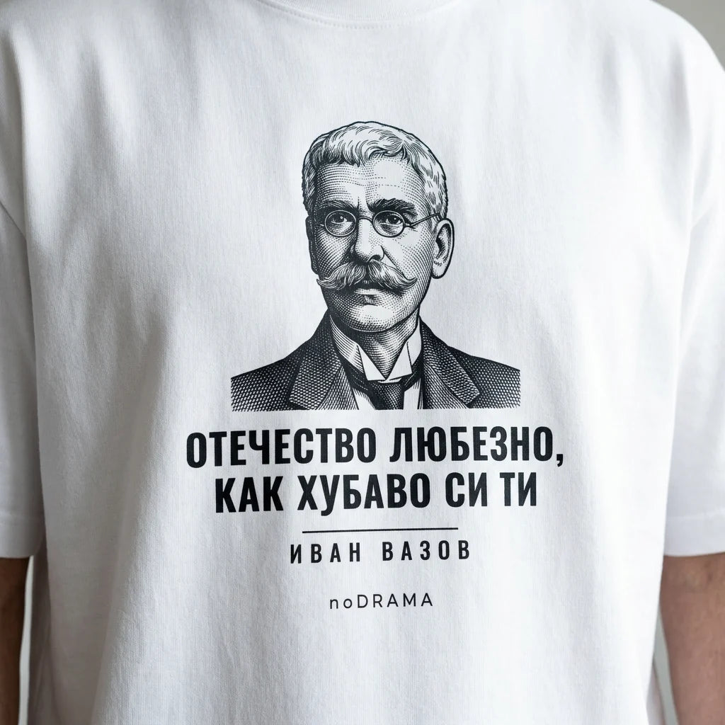 Близък план на щампата Вазов с гравиран портрет върху бяла тениска noDRAMA
