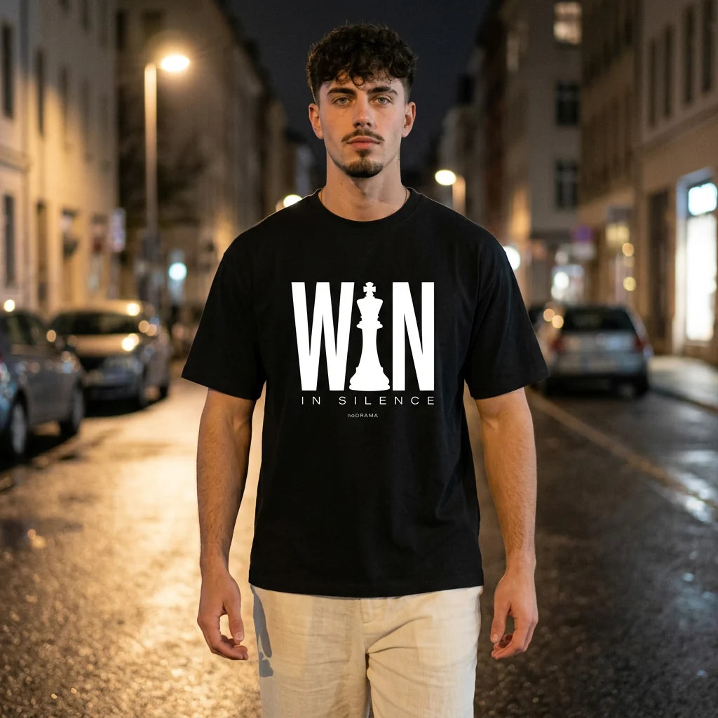 Черна OVERSIZED тениска „WIN IN SILENCE“ — noDRAMA