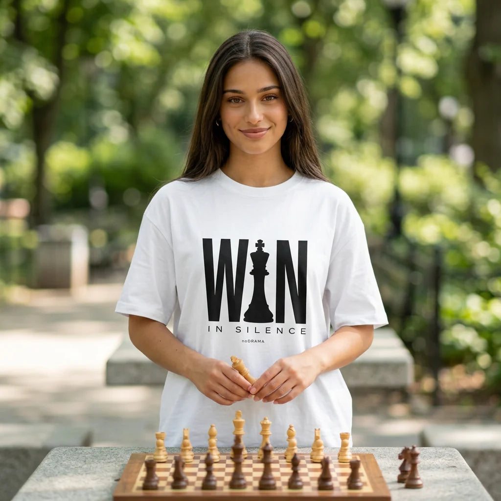 Бяла OVERSIZED тениска „WIN IN SILENCE“ — noDRAMA
