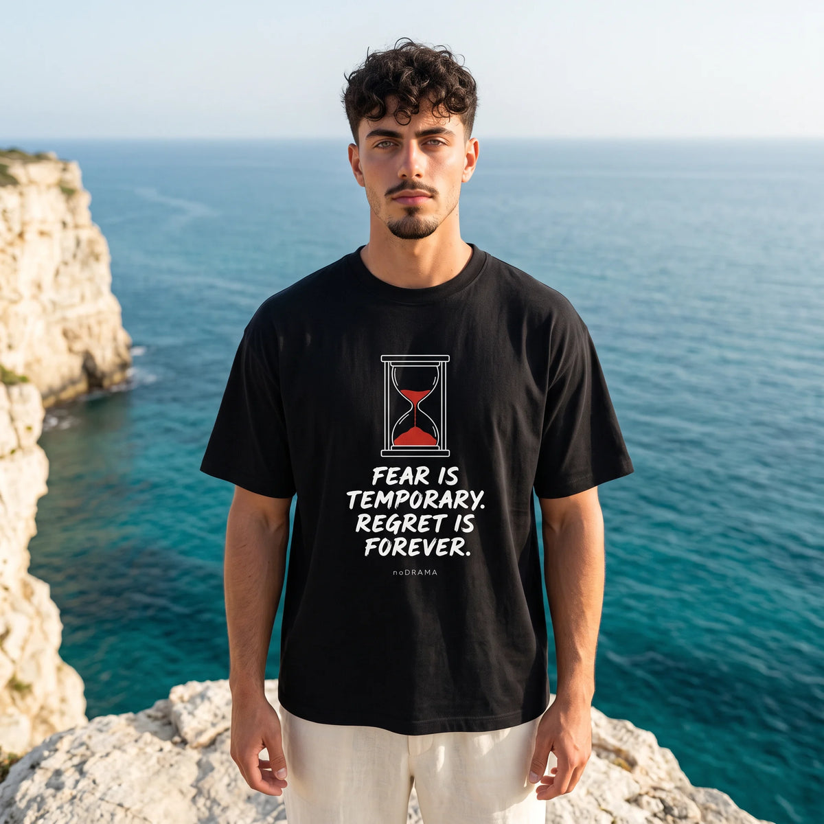 Черна OVERSIZED тениска „FEAR IS TEMPORARY“ — noDRAMA
