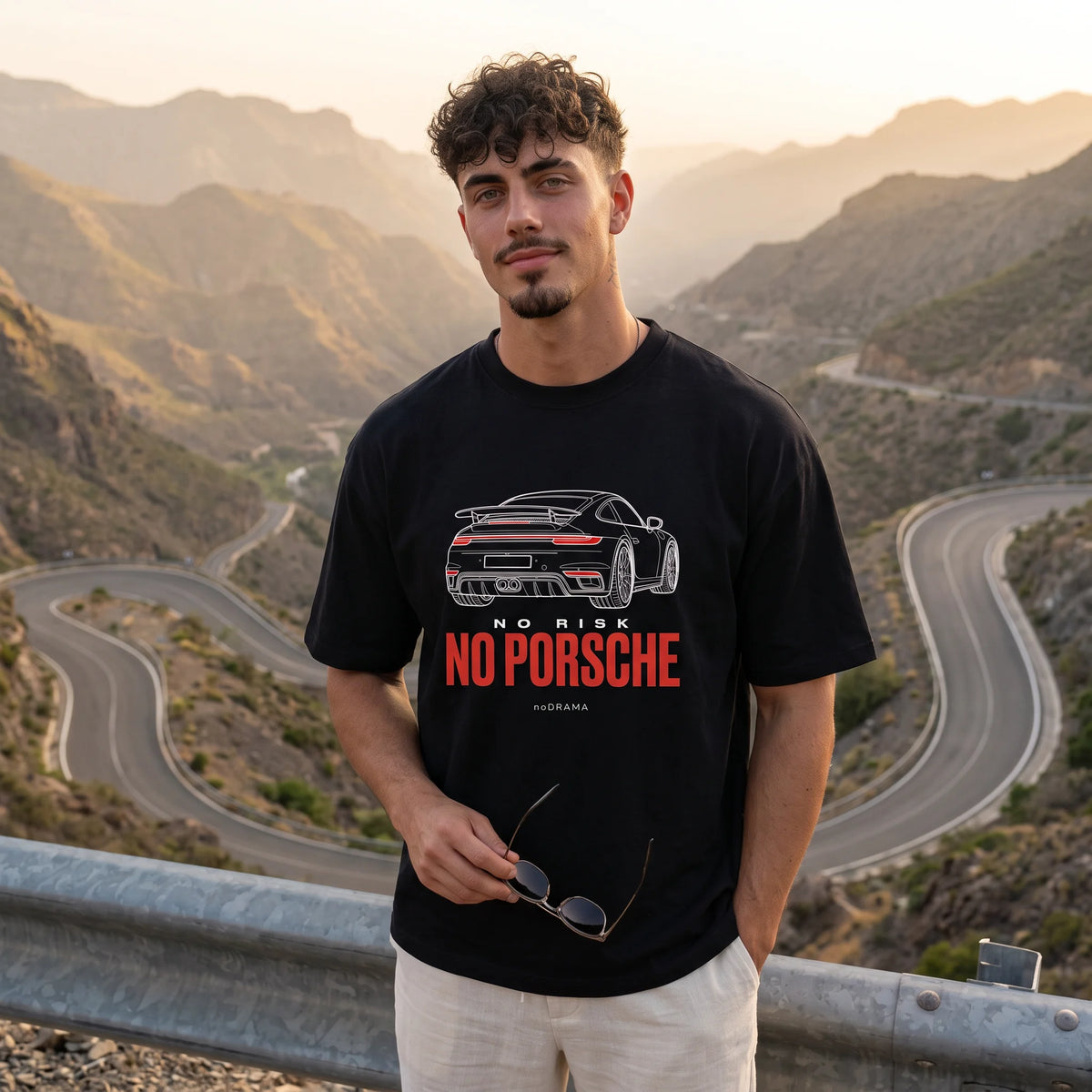 Черна OVERSIZED тениска „NO RISK NO PORSCHE“ — noDRAMA