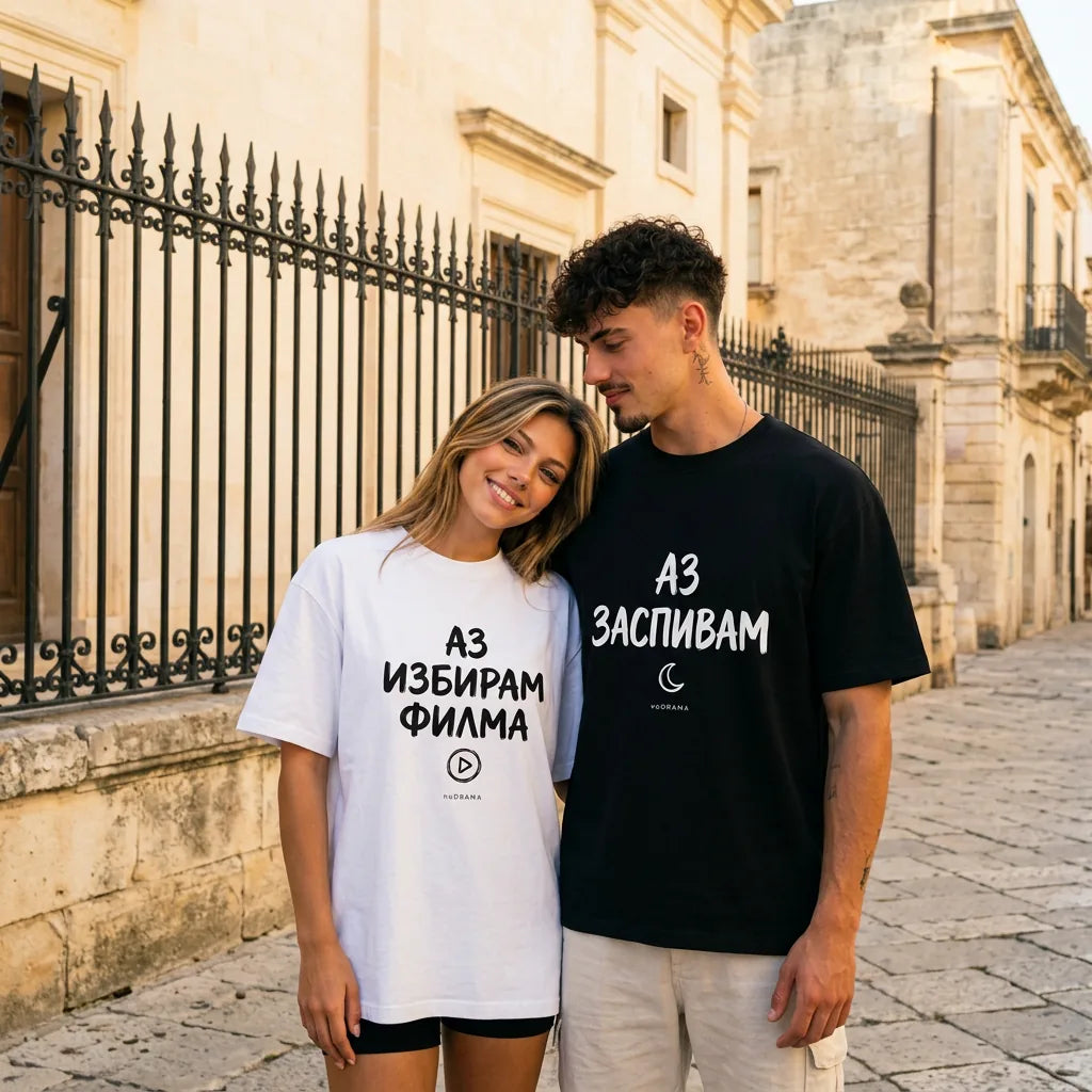 Двойка с бяла и черна oversized тениска Аз избирам филма и Аз заспивам noDRAMA