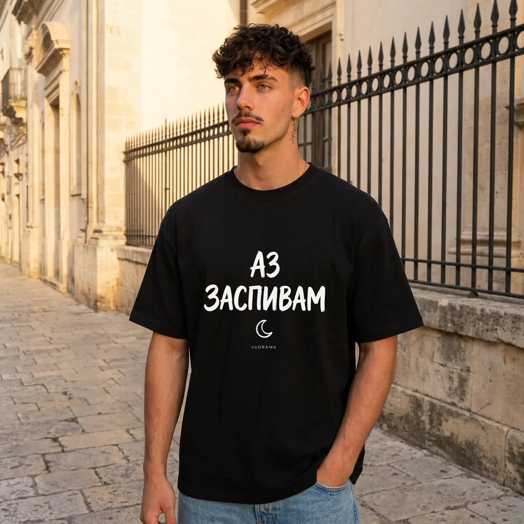 Мъж с черна oversized тениска Аз заспивам noDRAMA