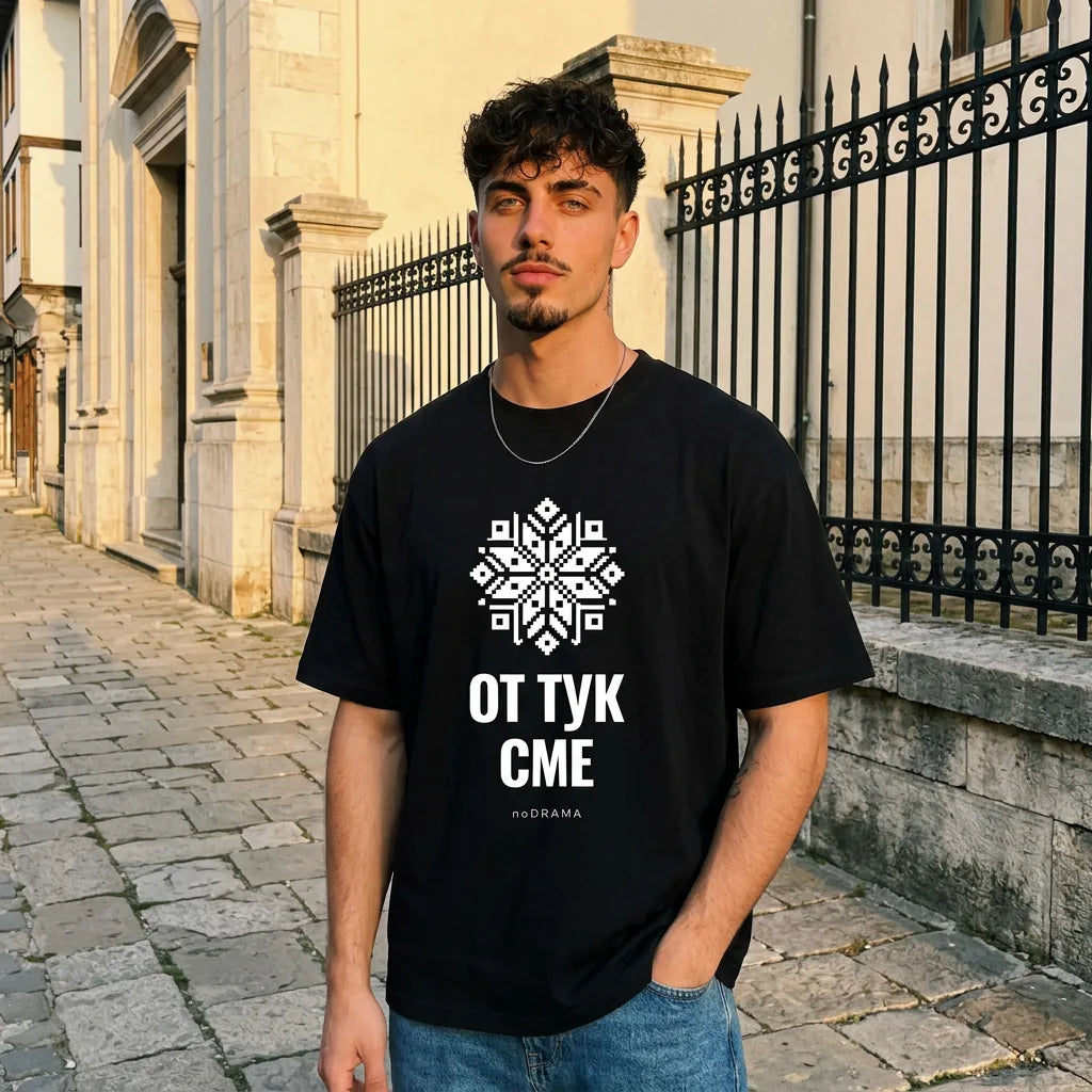 Мъж с черна oversized тениска От тук сме с шевична розета noDRAMA