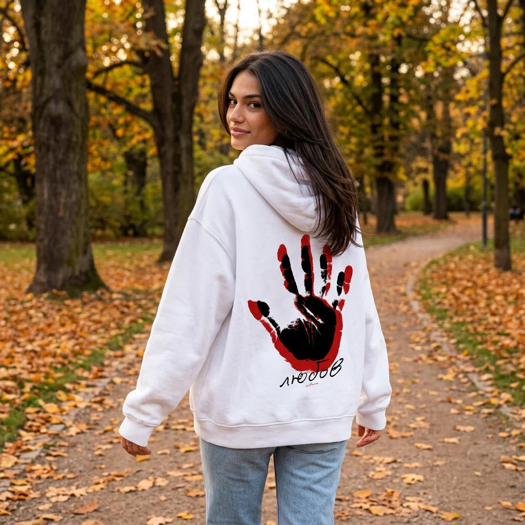 Жена в бял oversized суитшърт с длан и „любов“ на гърба, есенен парк