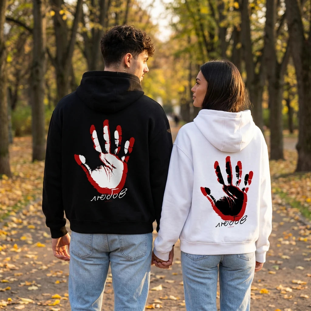 Двойка в черен и бял oversized суитшърт с длан и „любов“ на гърба, есенен парк