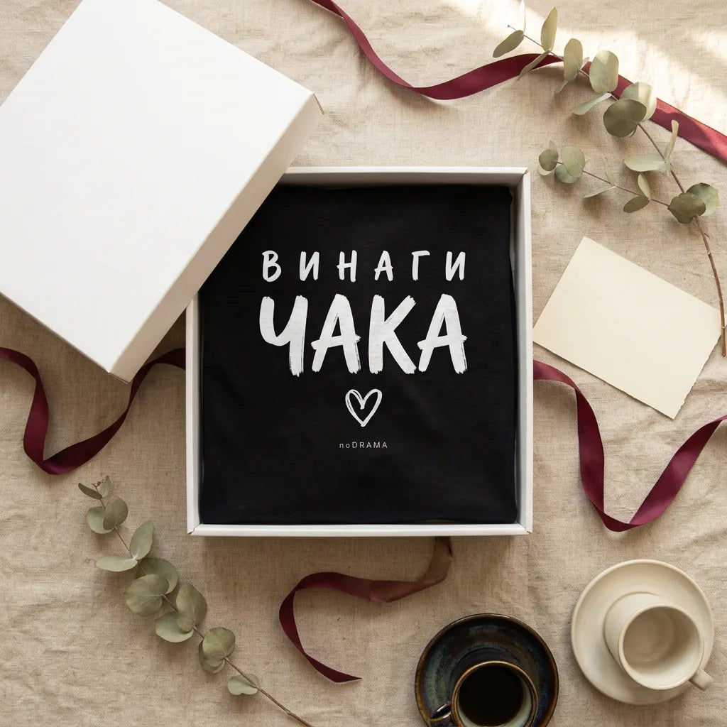 Подаръчна кутия noDRAMA с тениска Винаги чака, панделка, евкалипт и кафе