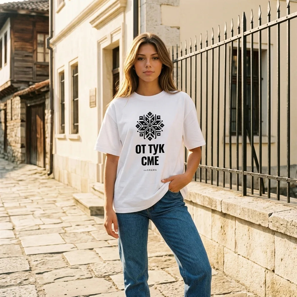 Жена с бяла oversized тениска От тук сме на възрожденска улица noDRAMA