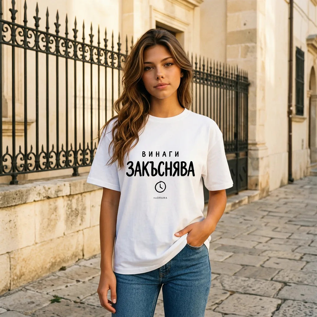 Жена с бяла oversized тениска с надпис Винаги закъснява noDRAMA