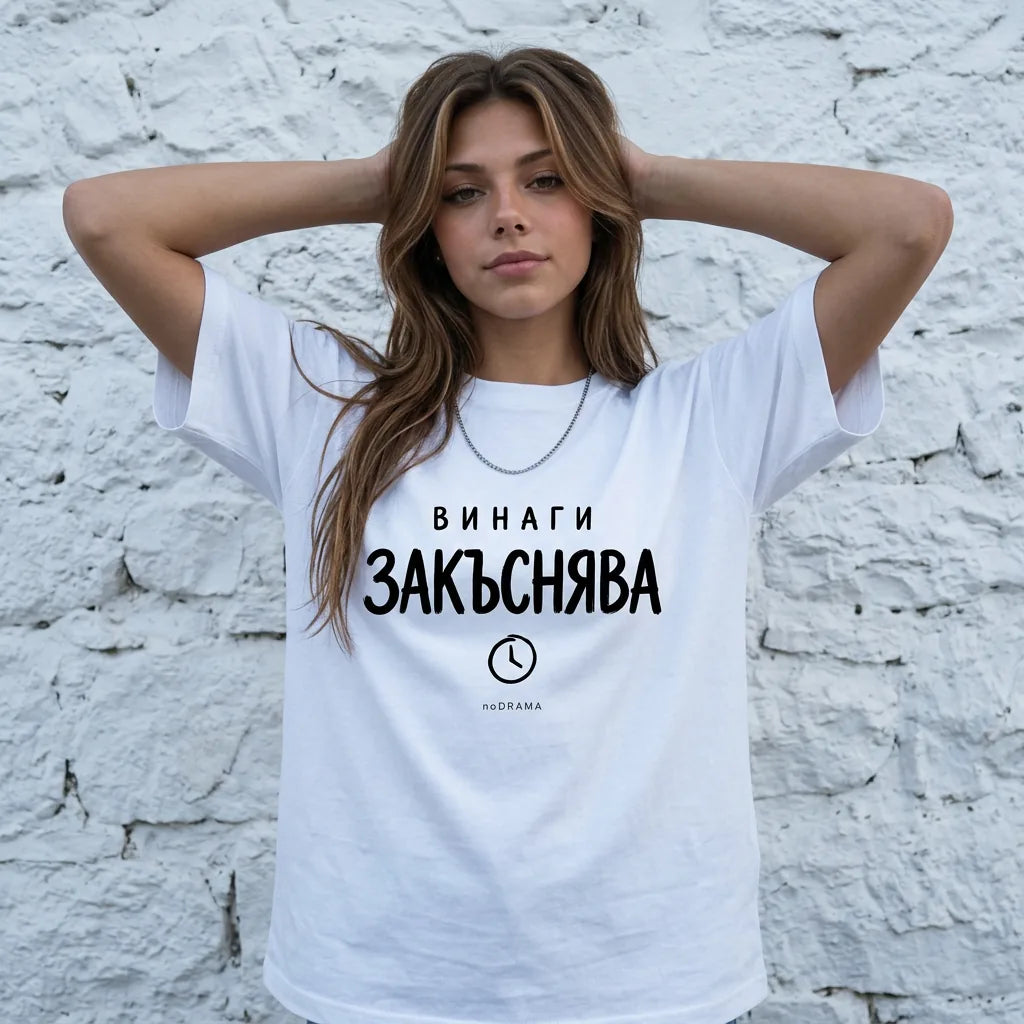Жена с бяла тениска Винаги закъснява до варосана каменна стена noDRAMA